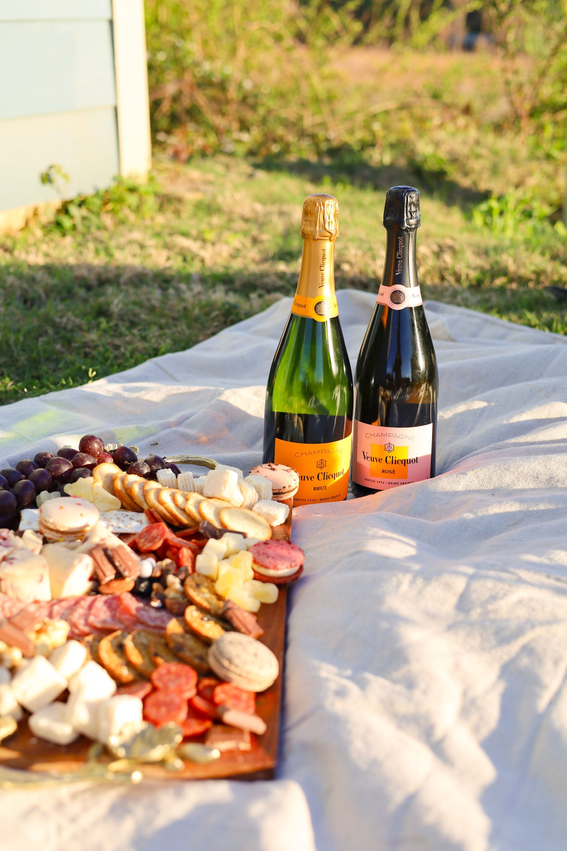 Two champagne bottles beside a charcuterie board on a picnic blanket outdoors
