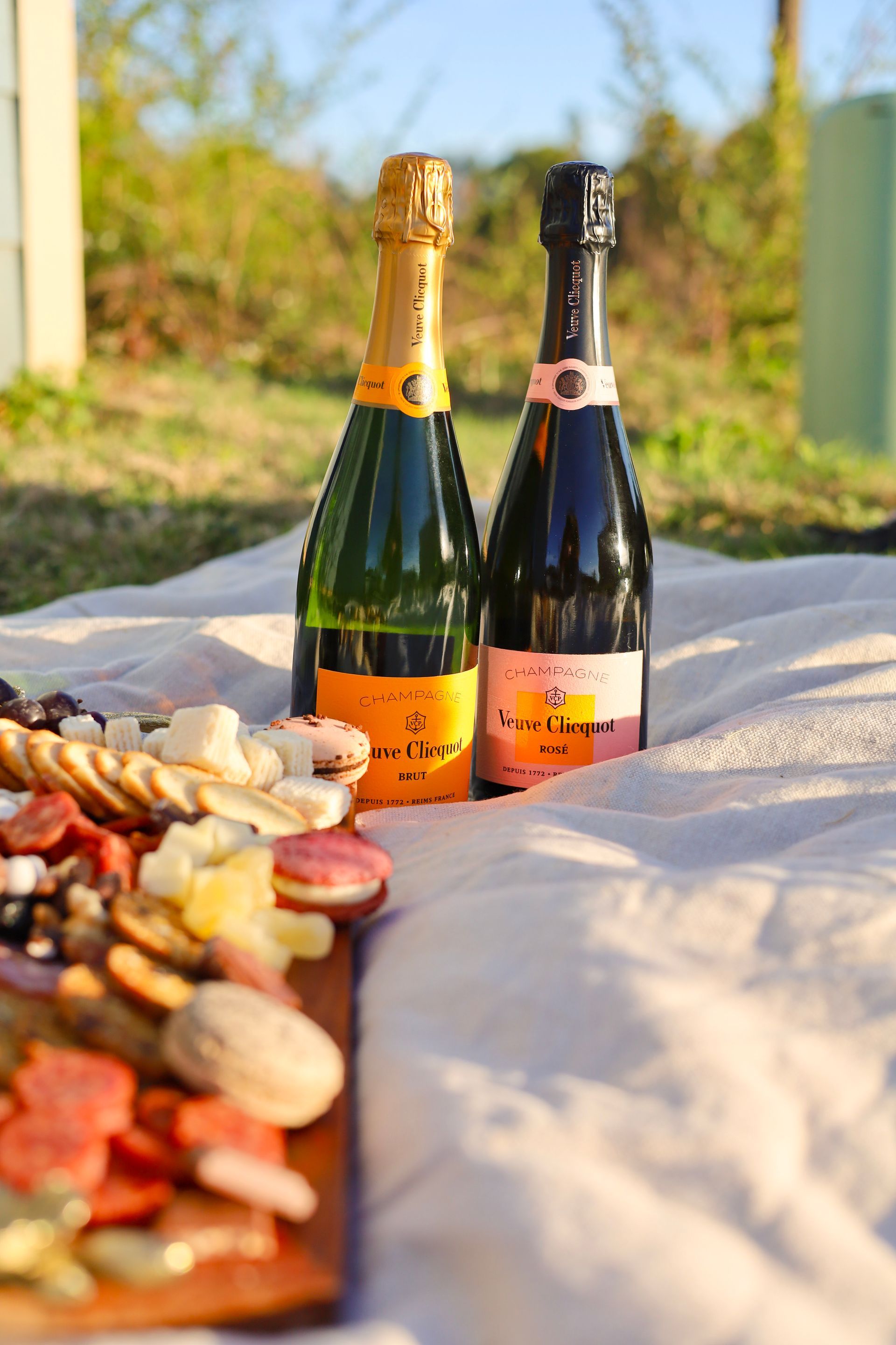 Two sparkling wine bottles beside a charcuterie board on a picnic blanket outdoors