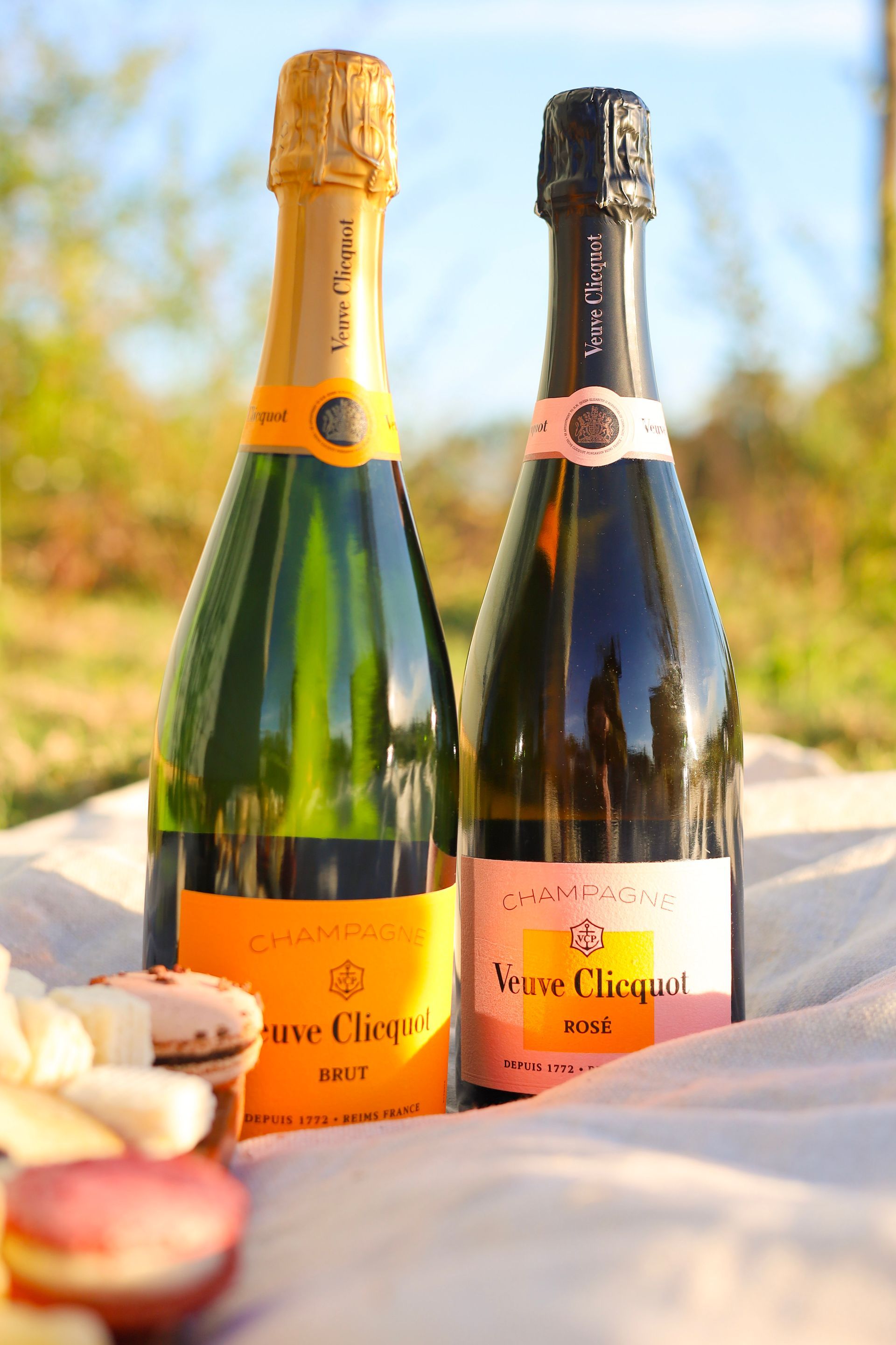 Two Veuve Clicquot champagne bottles on a picnic blanket with sliced fruit outdoors.