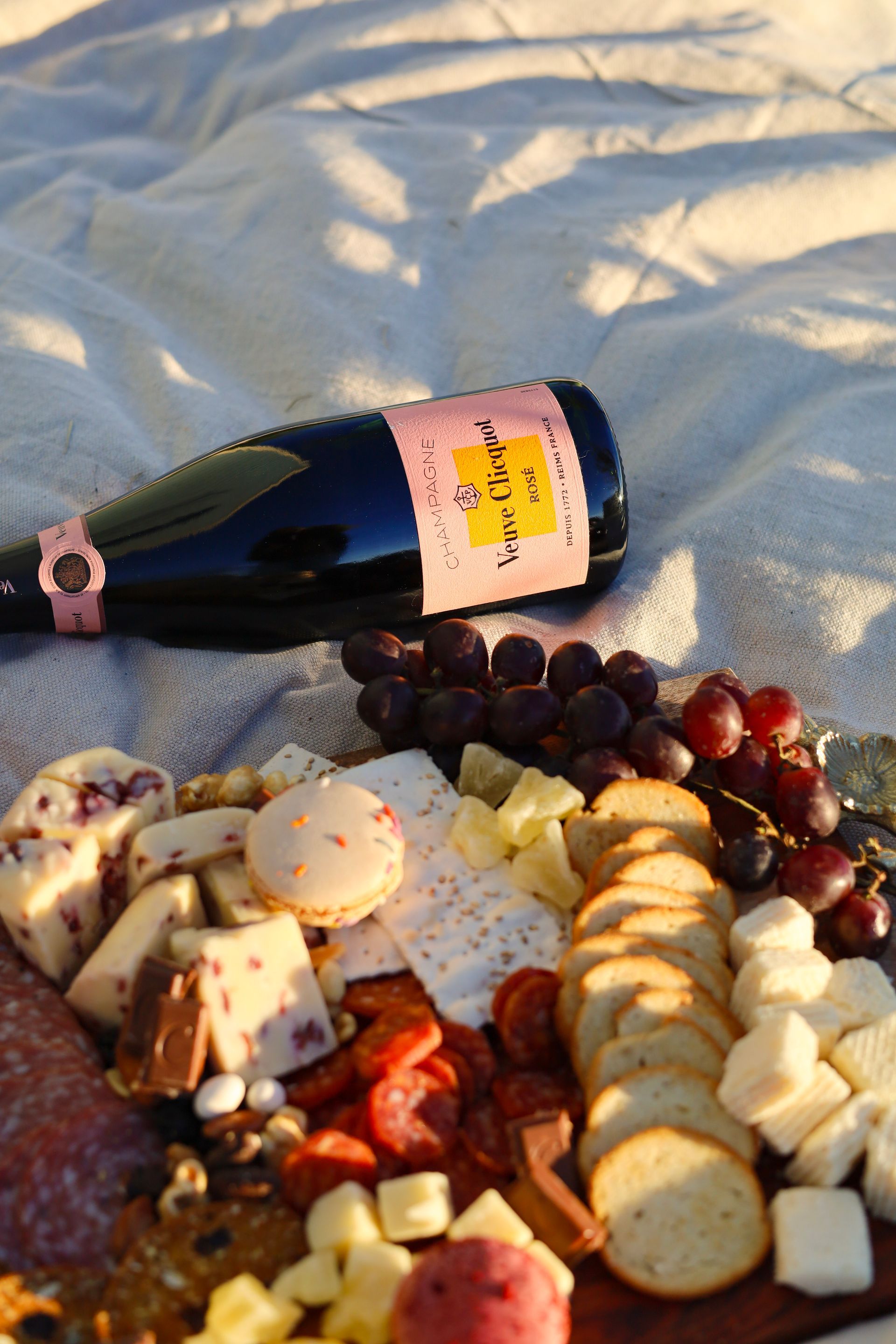 Wine bottle and assorted cheese, grapes, and crackers on a picnic blanket outdoors