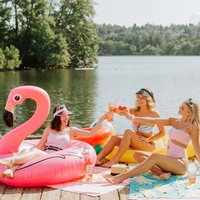 Friends toasting on a pink flamingo float by a lakeshore picnic, with trees and calm water behind them