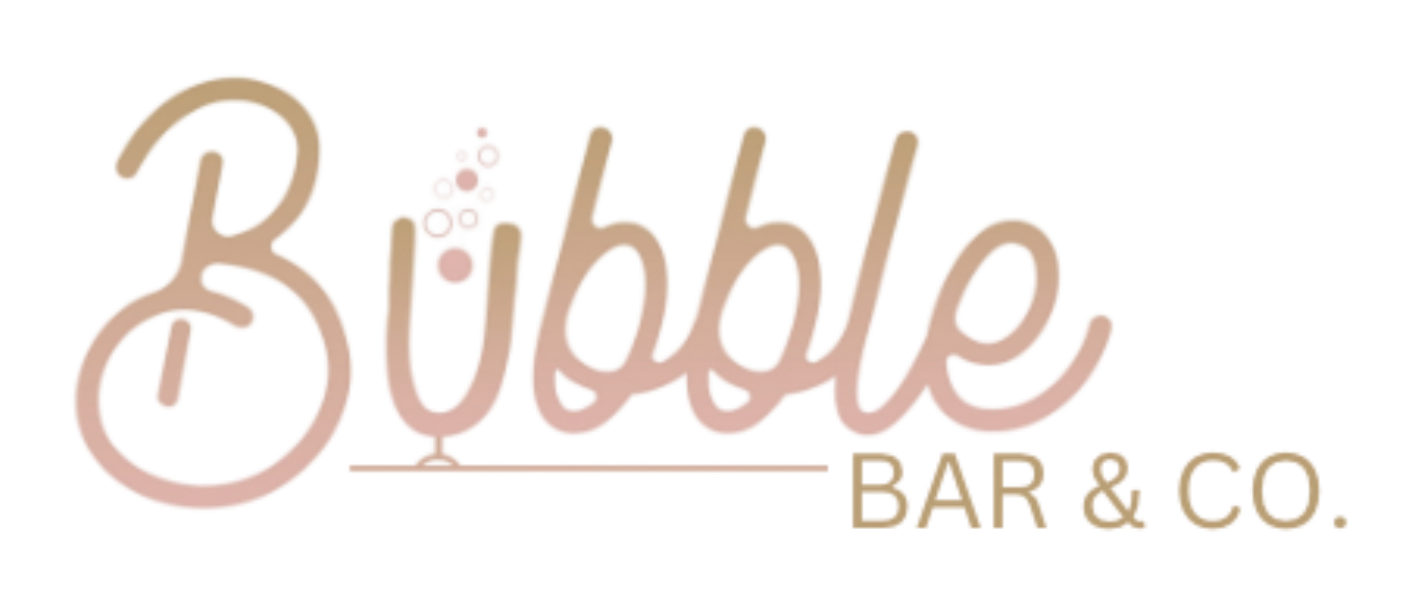Bubble Bar & Co. logo in soft beige and gold script with a champagne glass icon