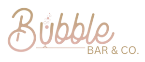 Bubble Bar & Co. logo in soft beige and gold script with a champagne glass icon