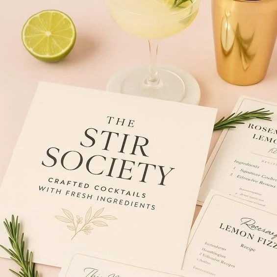 Cocktail menu and drink setup with lime, gold cup, and cream cards on a pale pink background