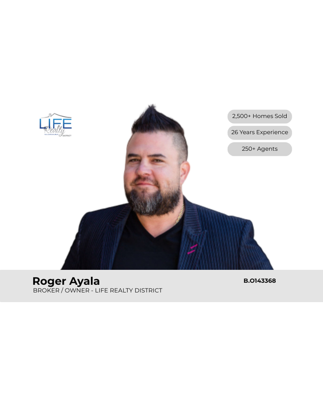 Portrait of Roger Ayala with text labels on a white background and company logo