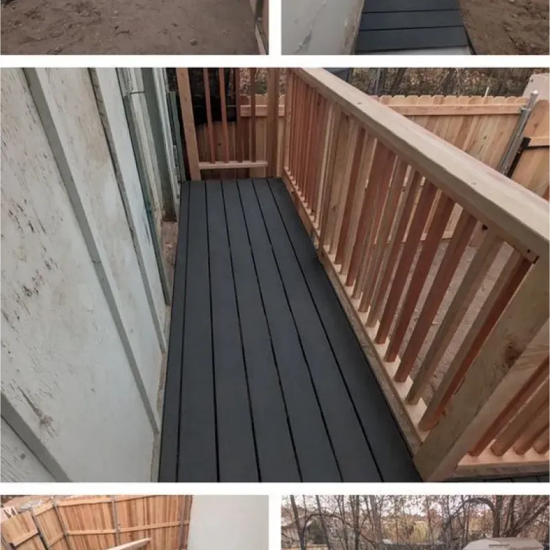 A collage of pictures shows a wooden deck with a wooden railing