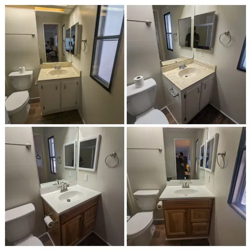A bathroom with a sink a toilet and a mirror