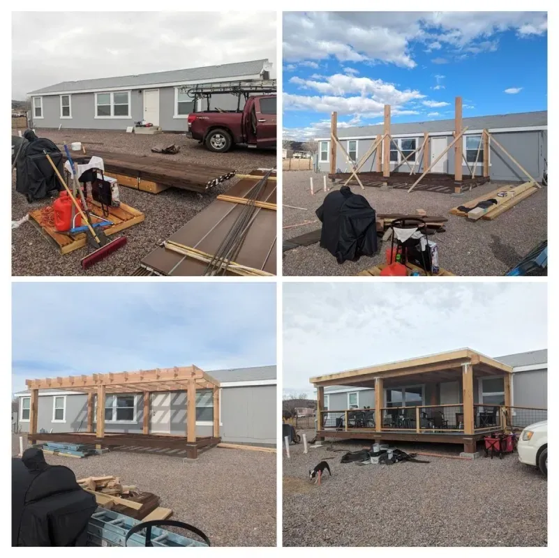 A collage of four pictures of a house being built