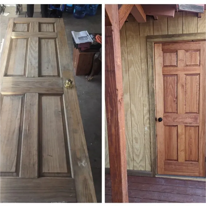 A before and after picture of a wooden door