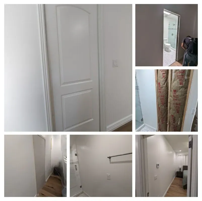 A collage of pictures of a bathroom being remodeled.