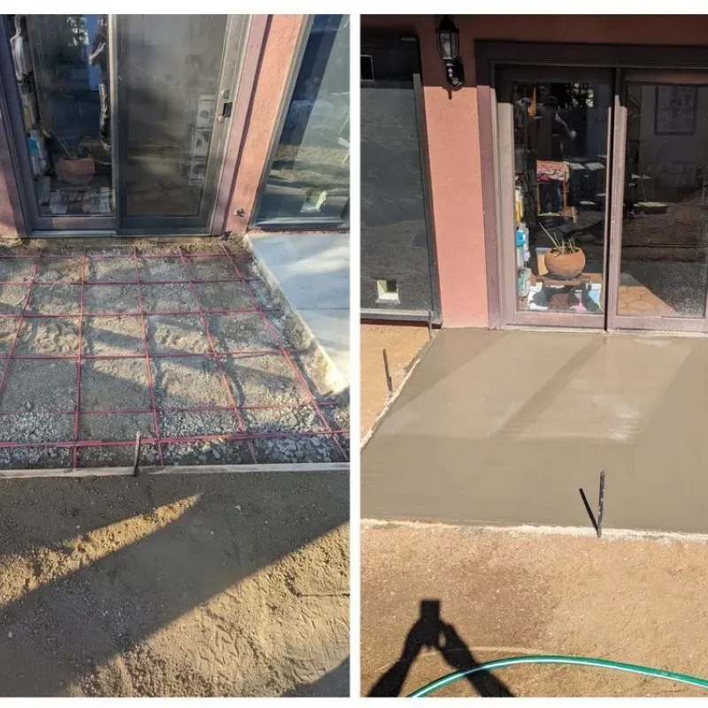 A before and after picture of a patio being built