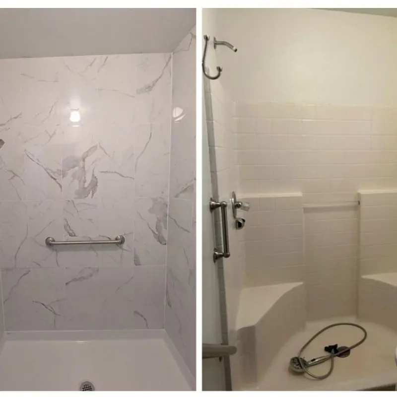 A before and after picture of a bathroom shower