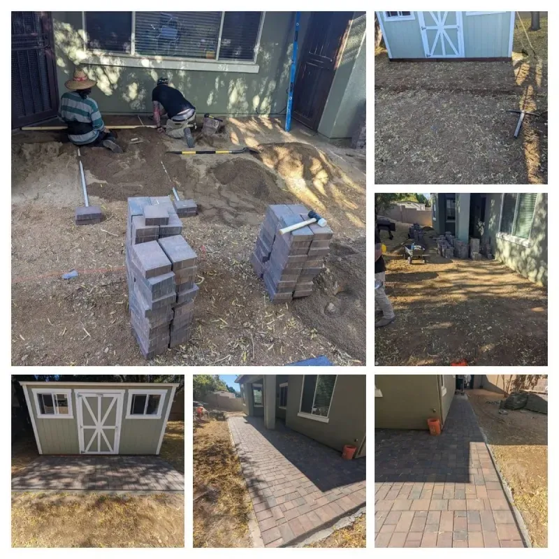 A collage of pictures showing a shed being built