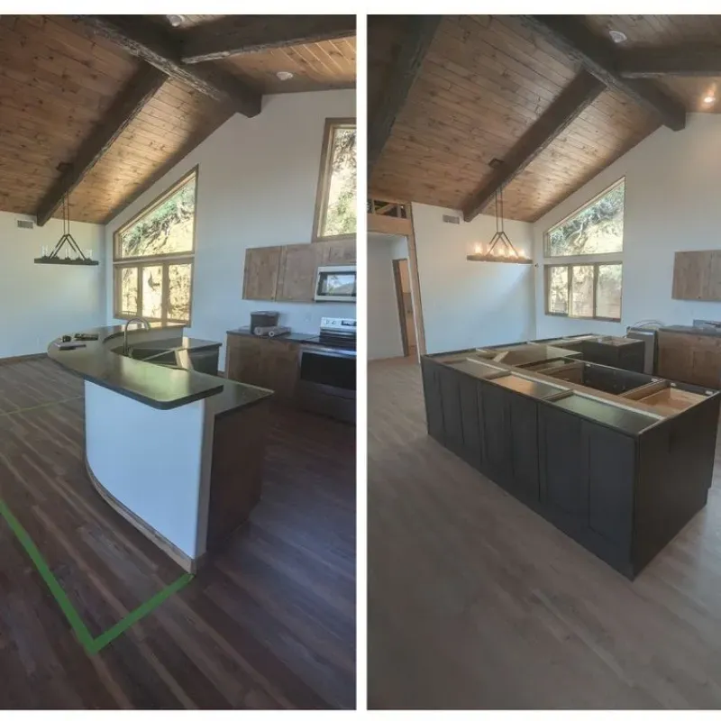 Two pictures of a kitchen with a large island in the middle