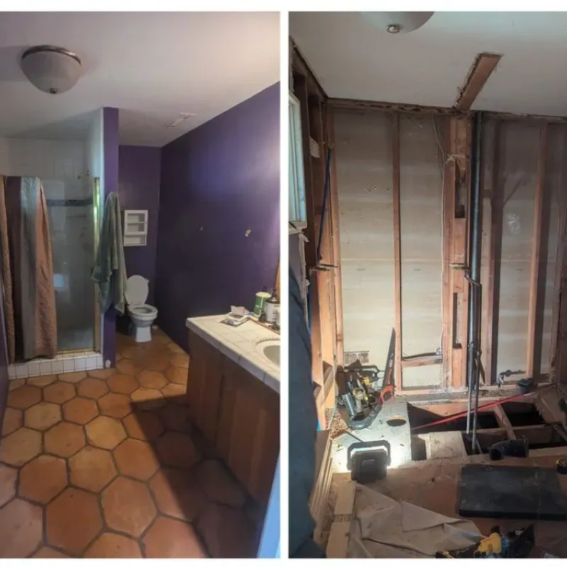 A before and after photo of a bathroom with purple walls