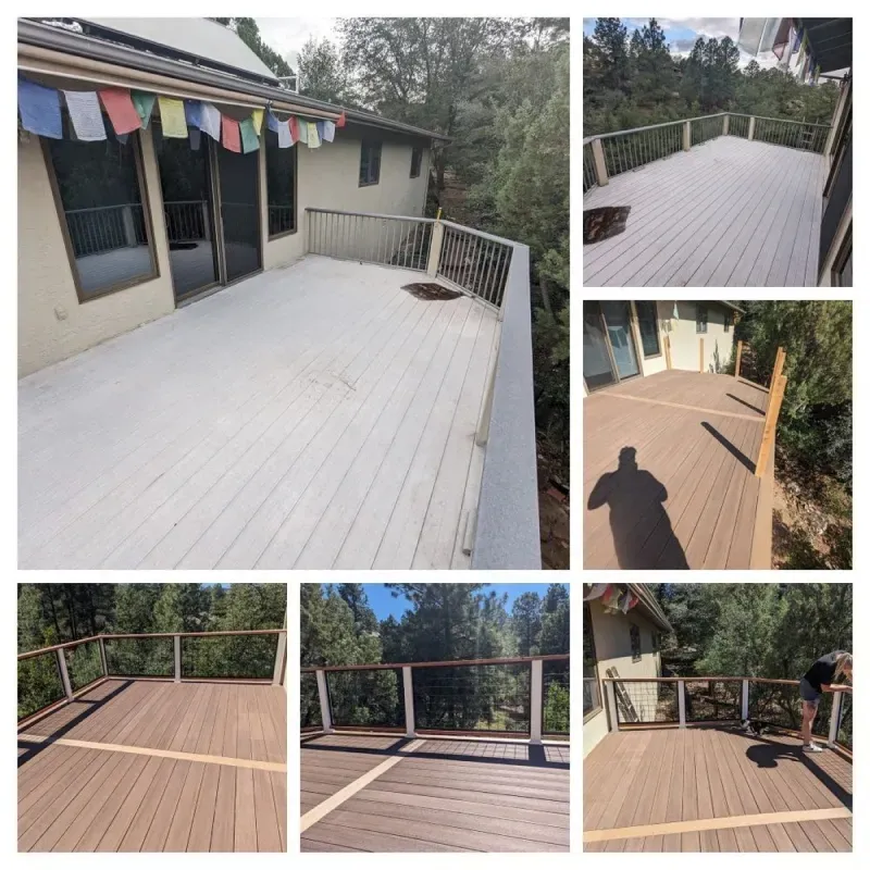 A collage of pictures of a deck with flags on it