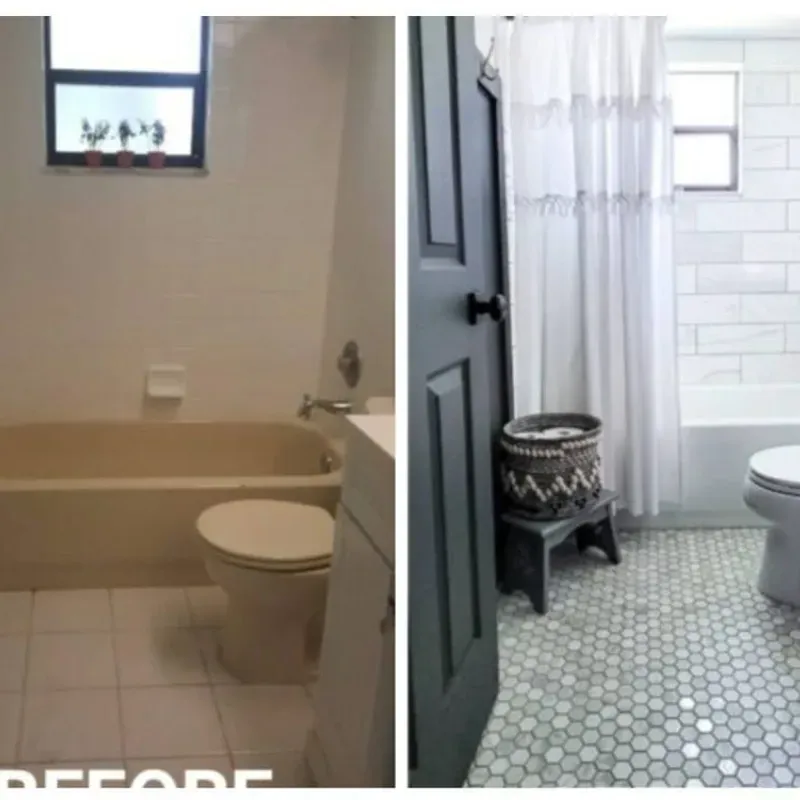 A before and after photo of a bathroom
