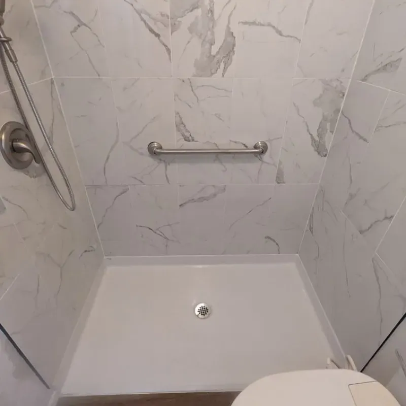A bathroom with a toilet , shower , and hand rail.
