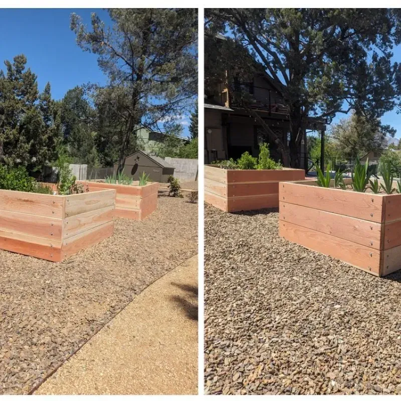 Two pictures of wooden planters in a gravel area