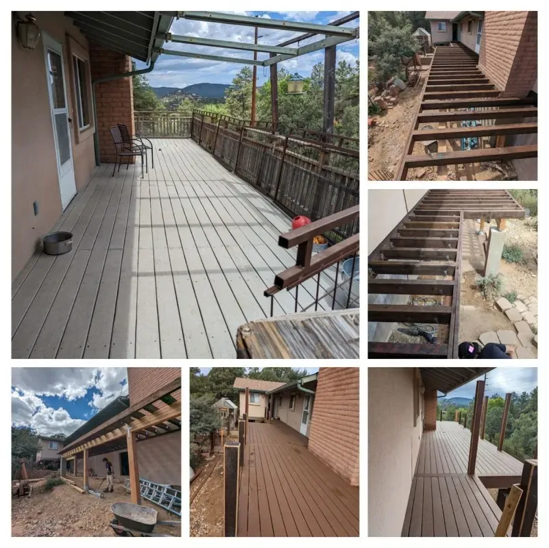 A collage of pictures of a deck and stairs