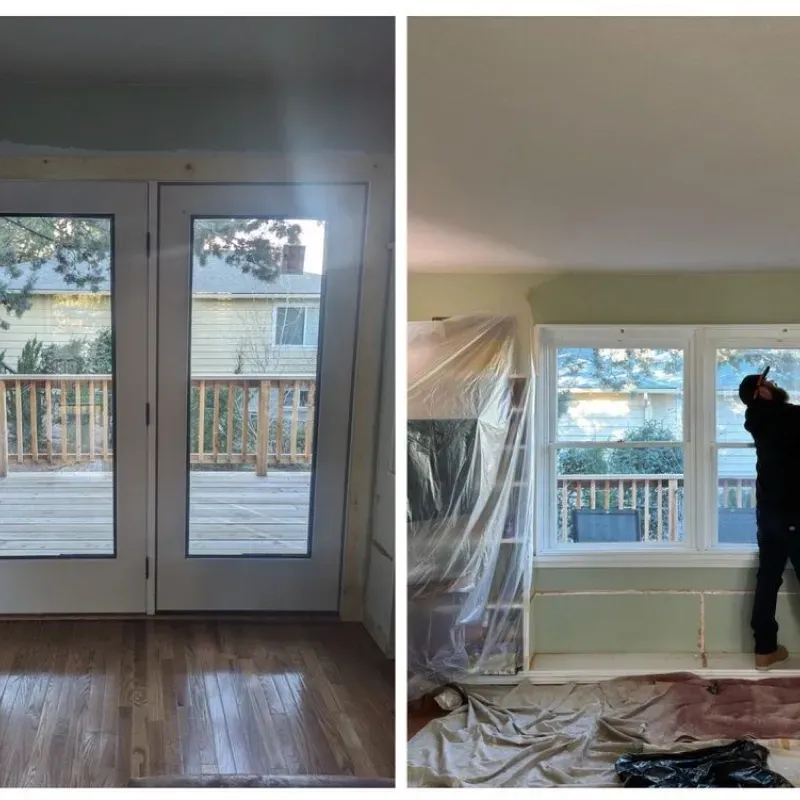 A before and after picture of a living room being painted.
