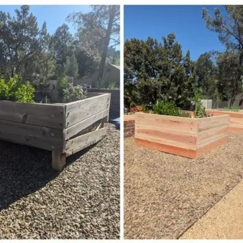 A before and after photo of a wooden planter