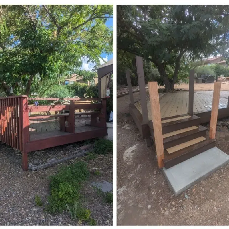 A before and after picture of a deck with stairs