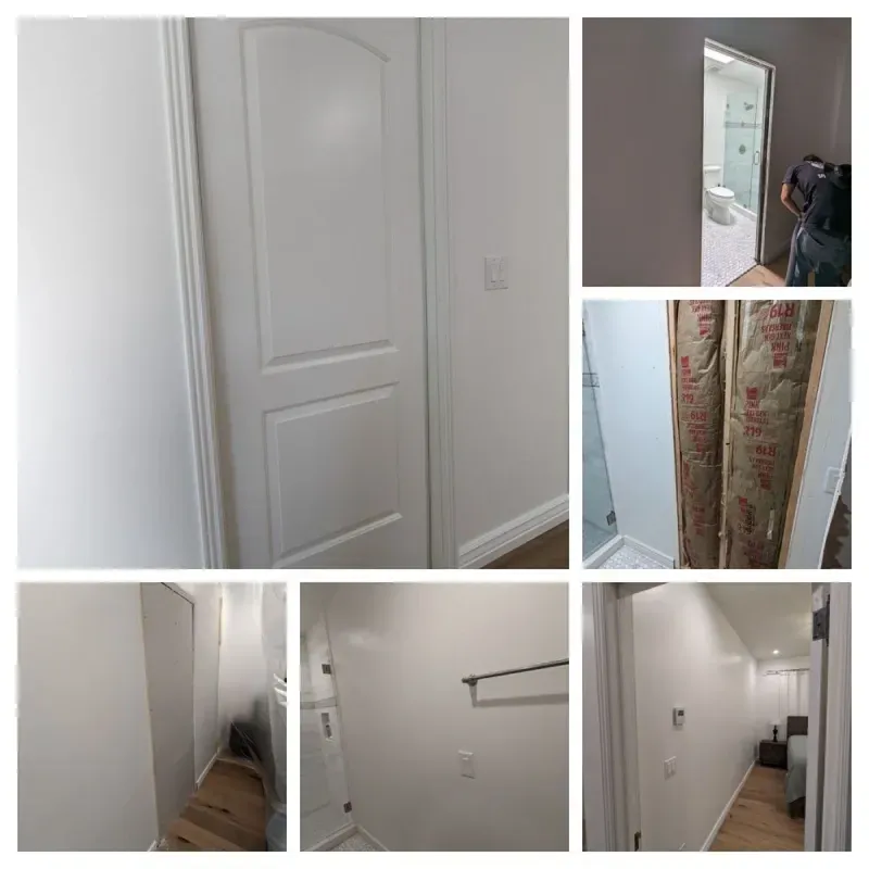 A collage of pictures of a bathroom being remodeled.