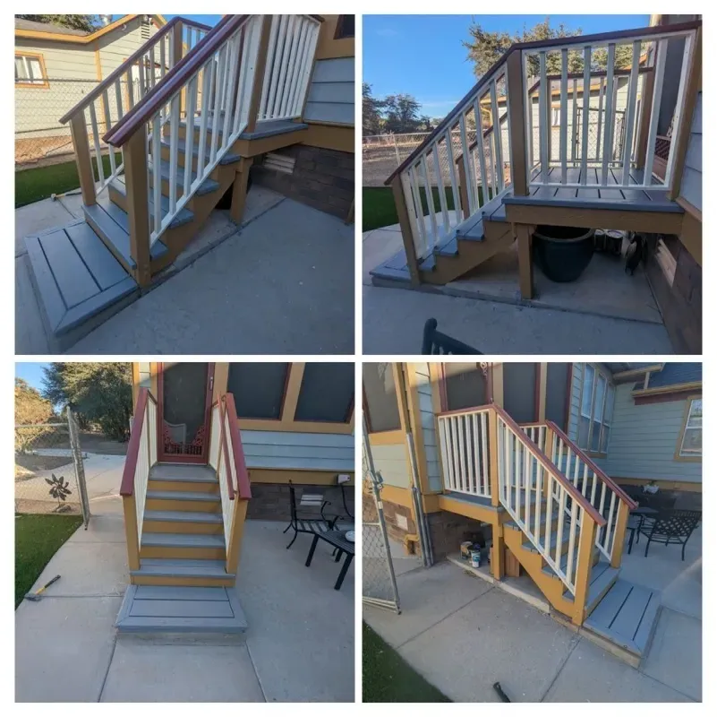 A collage of four pictures of a deck with stairs