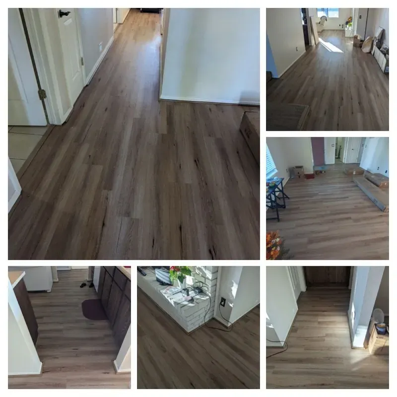 A collage of pictures of a wooden floor in a house.