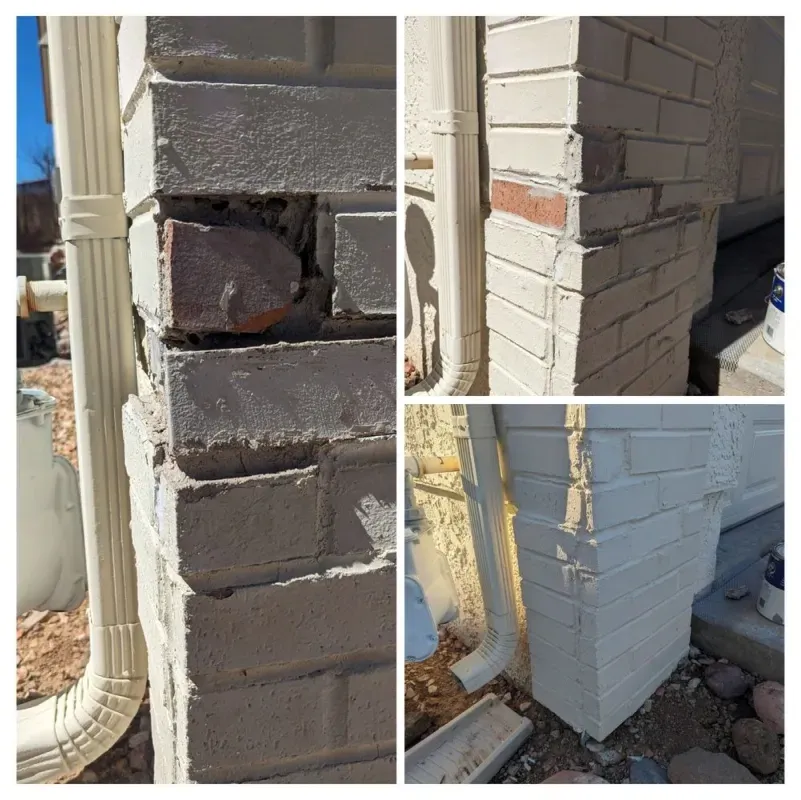 A collage of pictures showing a brick wall before and after being painted white