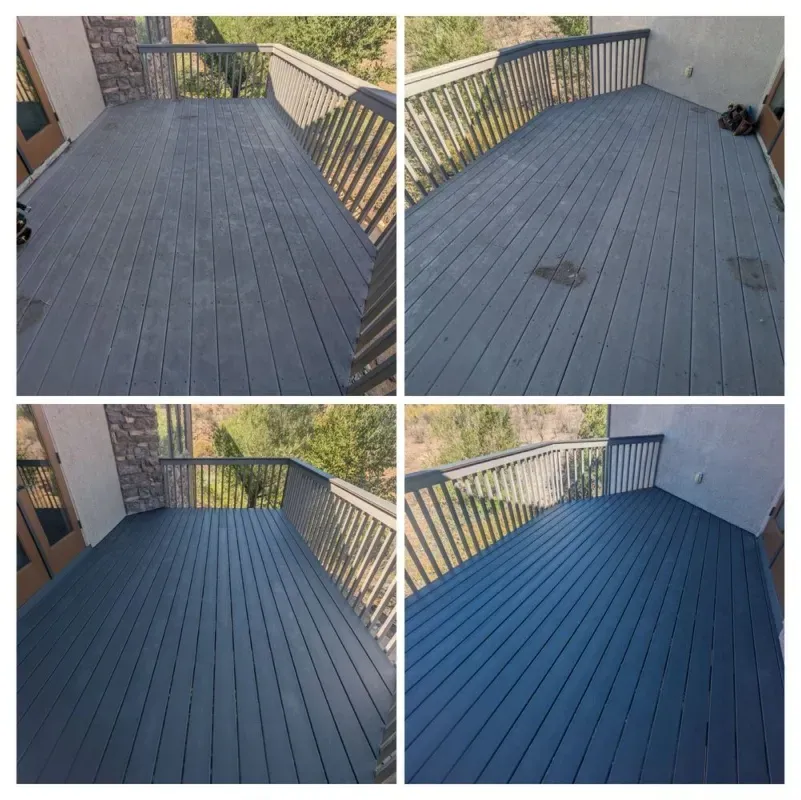 A collage of four pictures of a blue deck with a railing.