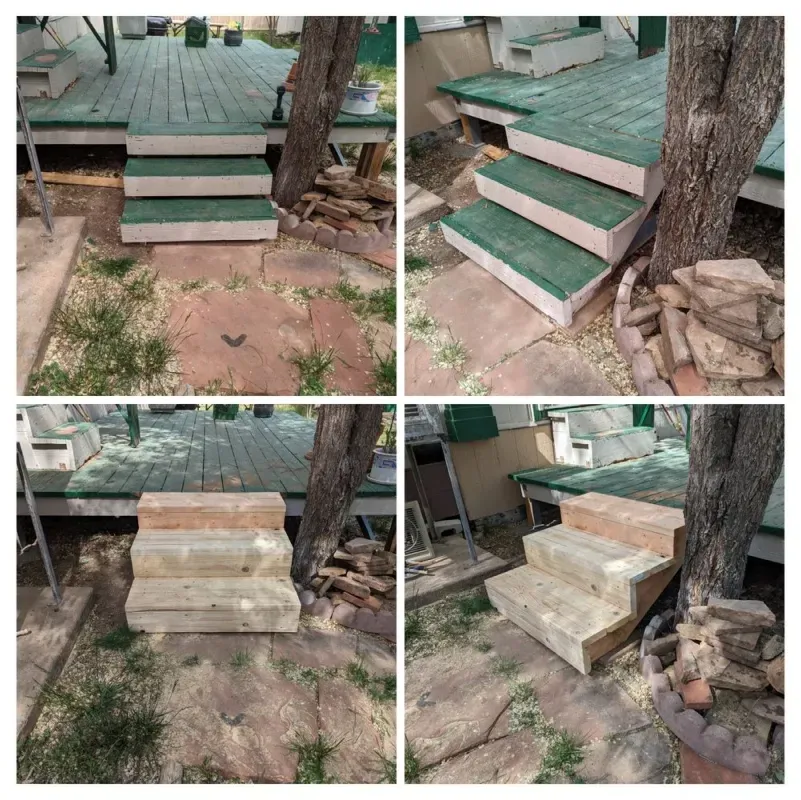 A collage of four pictures of stairs being built on a deck