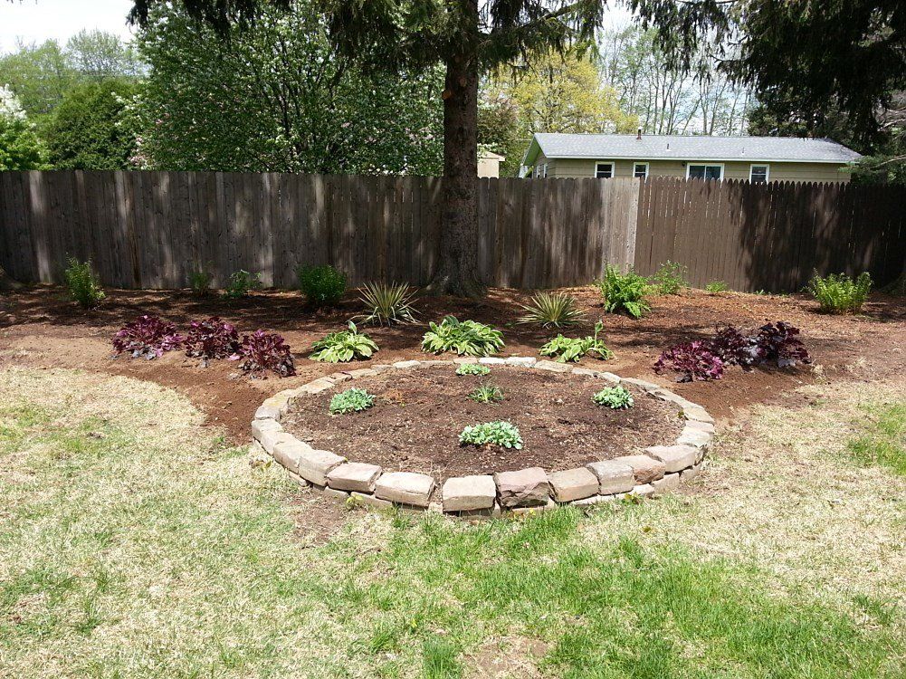 A circular garden bed with brick edging and mulch. Various plants sit in and around the bed, bordered by brown grass and a wooden fence.