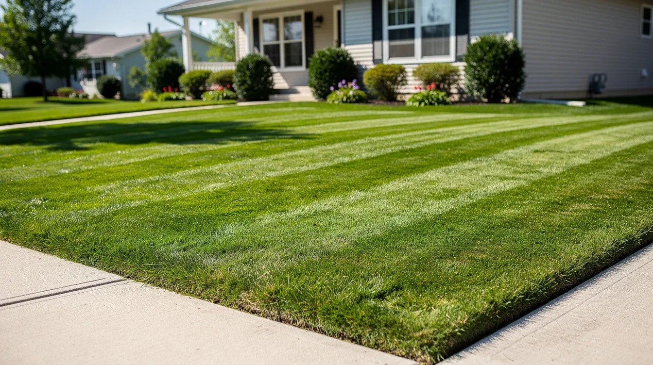 Freshly mowed green lawn with striped patterns beside a house and sidewalk