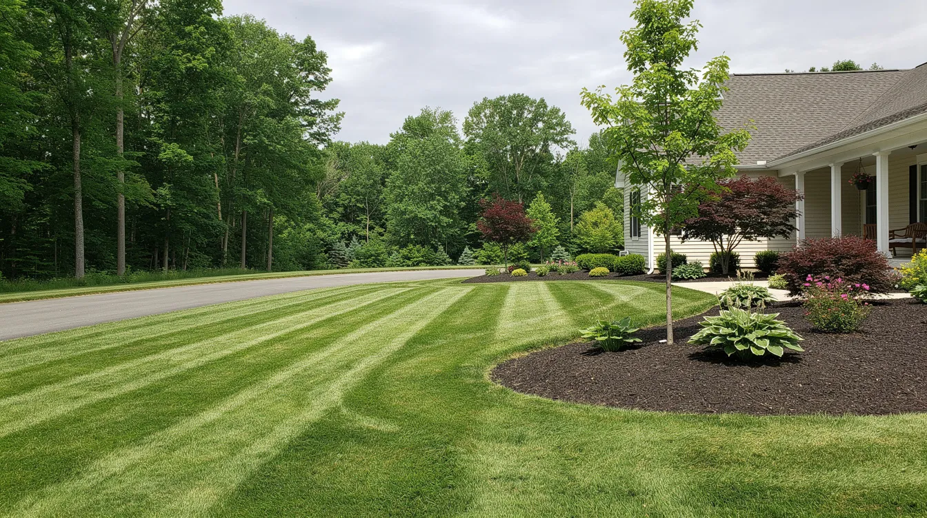 The image features a freshly mowed green lawn surrounding a Central New York home, with well-mulched shrubs and trees adding to the landscape. The healthy garden soil beneath the grass supports vibrant plant roots, contributing to the overall beauty of the garden.