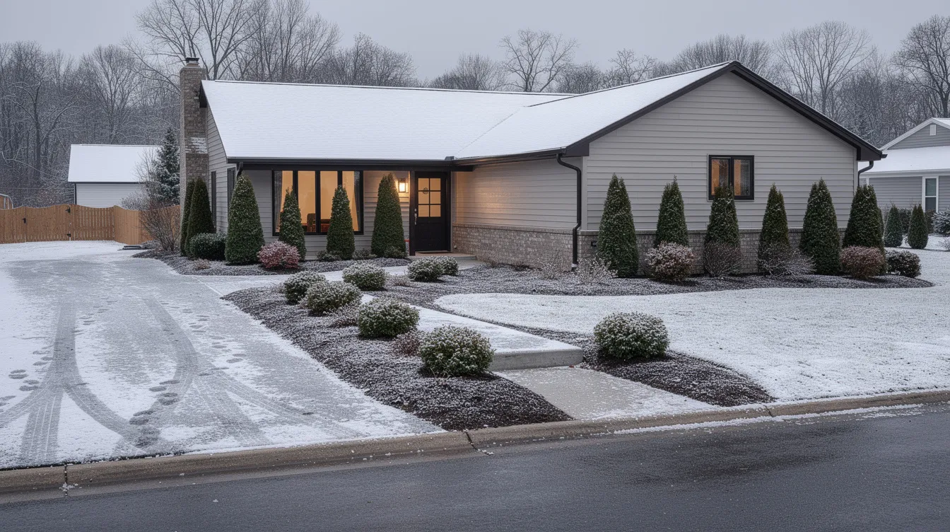 Snow-dusted suburban house with lit windows and a driveway in winter.