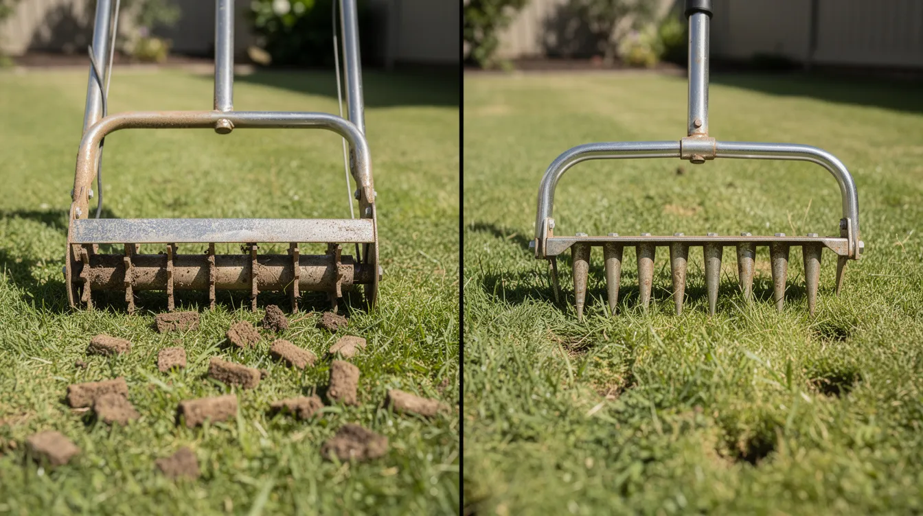 The image shows a side-by-side comparison of a hollow-tine plug aerator and a spike aerator tool placed on a vibrant green lawn. The hollow-tine aerator is designed to remove soil plugs, promoting healthy grass roots, while the spike aerator simply pokes holes into the compacted soil, demonstrating different methods of lawn aeration for improved air, water, and nutrient access.