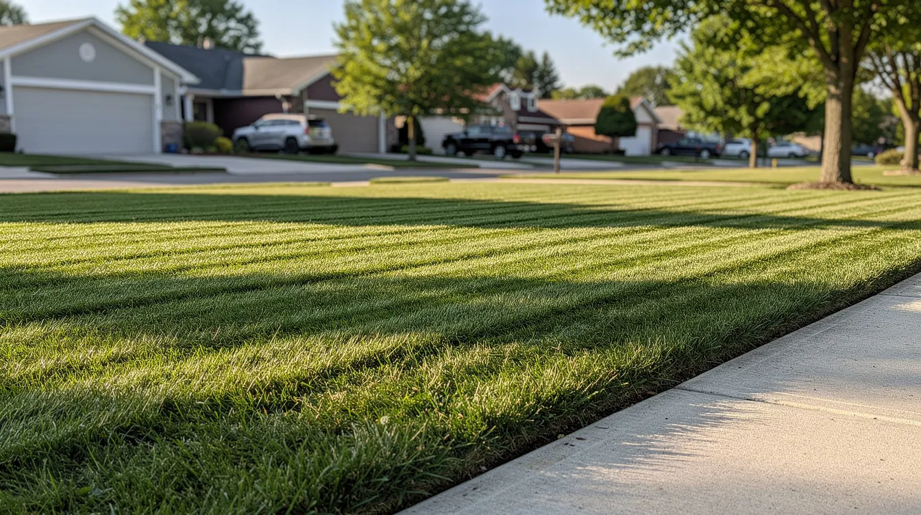 Suburban neighborhood lawn beside a sidewalk, with houses and trees in the background.