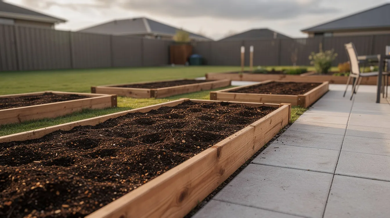 The image depicts raised beds filled with dark, nutrient-rich compost soil, situated beside a suburban patio. This healthy garden soil is ideal for growing vegetables, providing essential nutrients and proper drainage for plant roots.