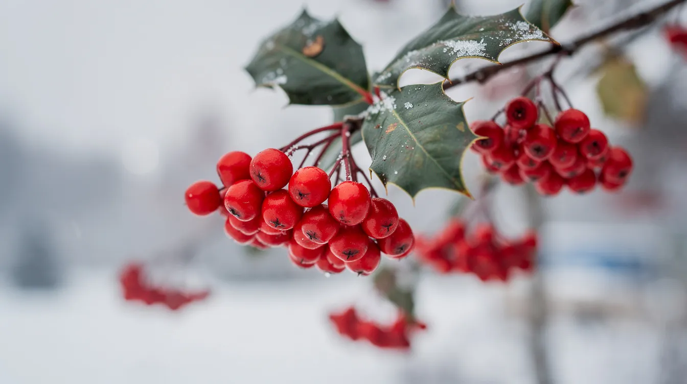 The image features a vibrant winterberry holly shrub adorned with bright red berries, set against a serene winter landscape. This deciduous shrub, known for its colorful foliage, adds seasonal interest and curb appeal to the front yard, making it a perfect choice for yard landscaping in colder climates.