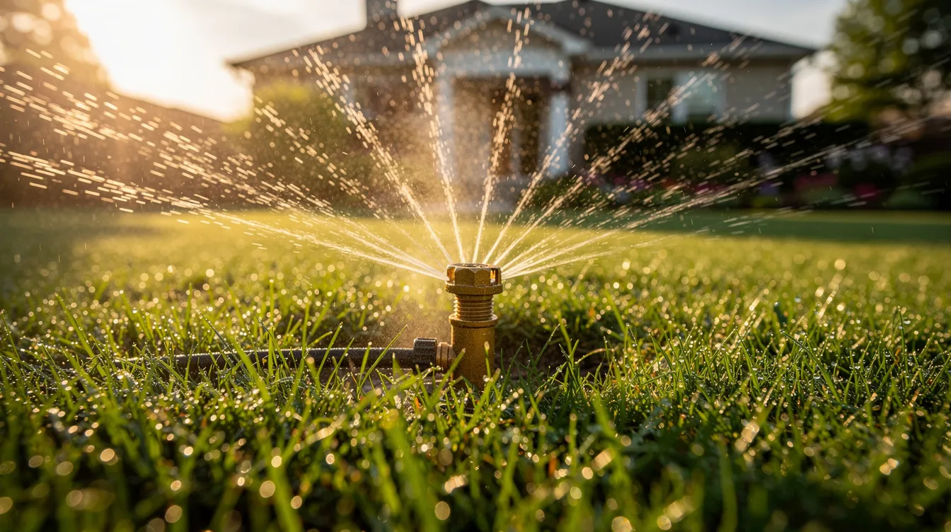 A lawn sprinkler is watering a lush, green residential lawn in the early morning sunlight, with glistening dew drops on the grass, showcasing a well-maintained yard that reflects professional lawn care. This scene highlights the importance of lawn maintenance services for homeowners seeking a perfectly manicured lawn.