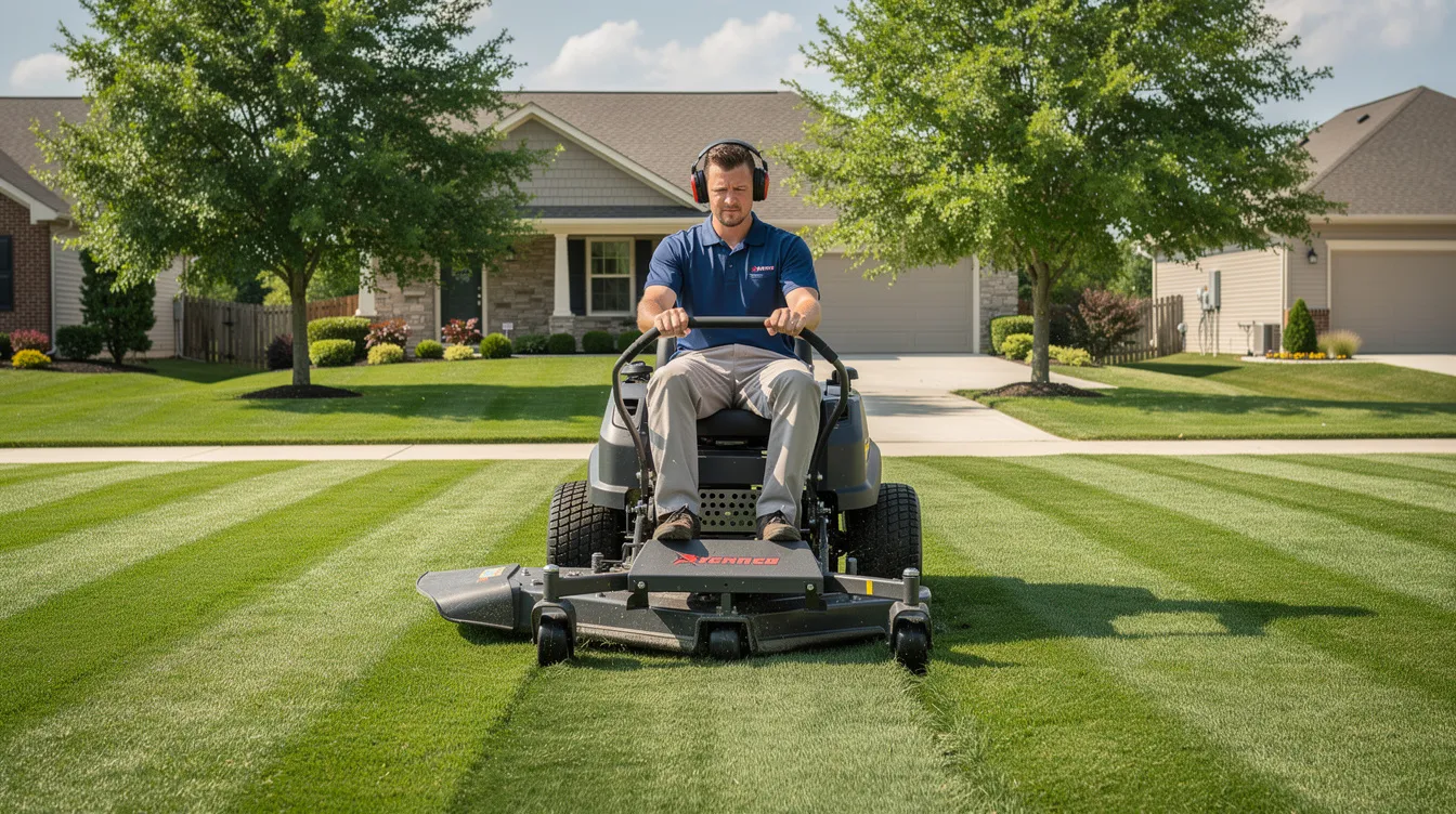 Man mowing a striped lawn in front of a suburban house, seated on a riding mower.