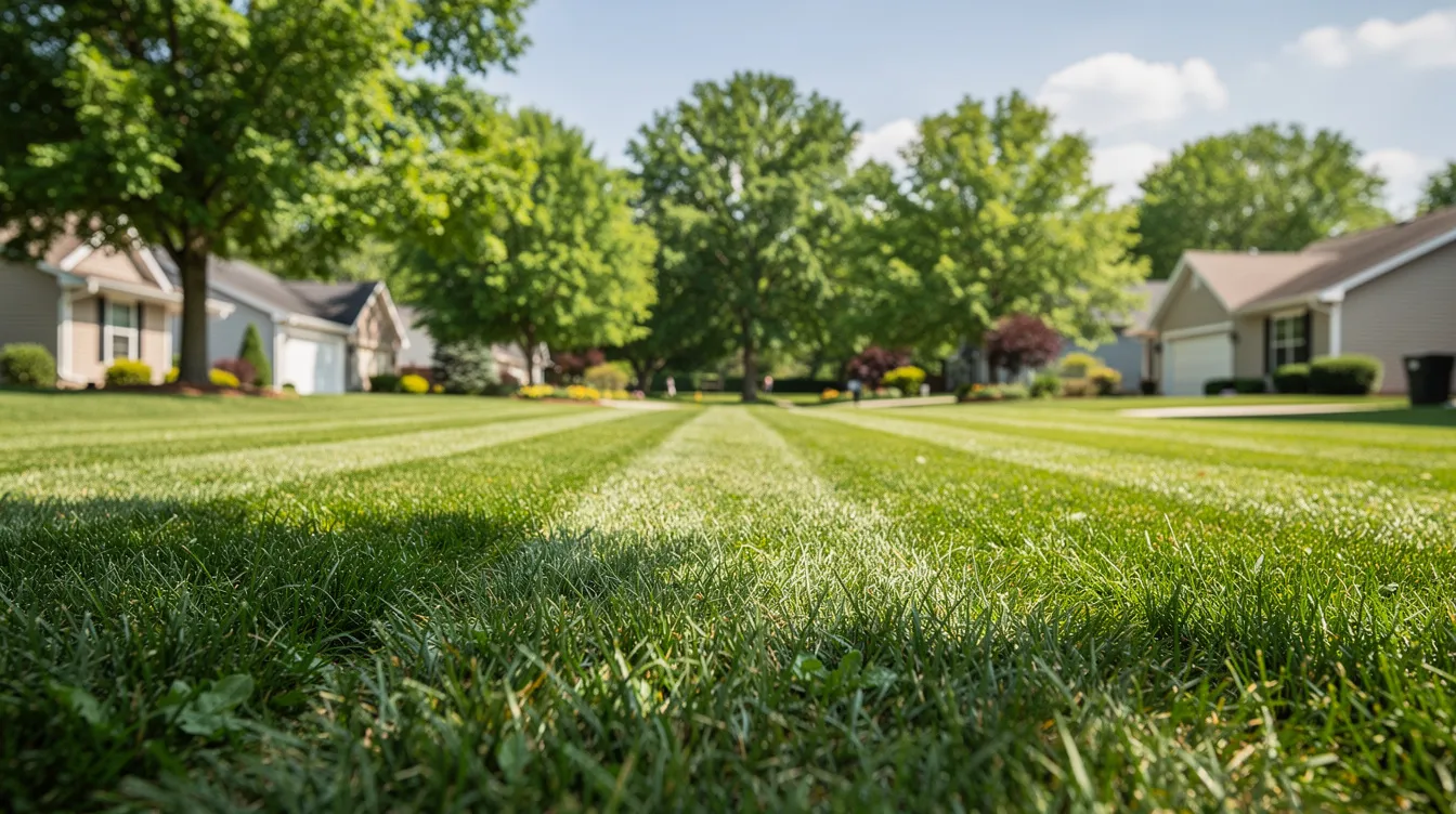 The image features a lush, thick green residential lawn in a suburban neighborhood, surrounded by mature trees. This healthy lawn showcases vibrant grass, indicating proper lawn care and maintenance, essential for combating soil compaction and promoting strong grass roots.