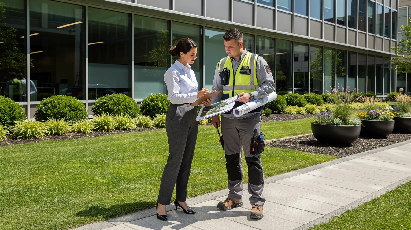 A property manager is sitting outside a commercial building, reviewing documents with a landscaping professional. They discuss details related to commercial lawn care services, focusing on maintaining a healthy lawn and ensuring curb appeal for the property.