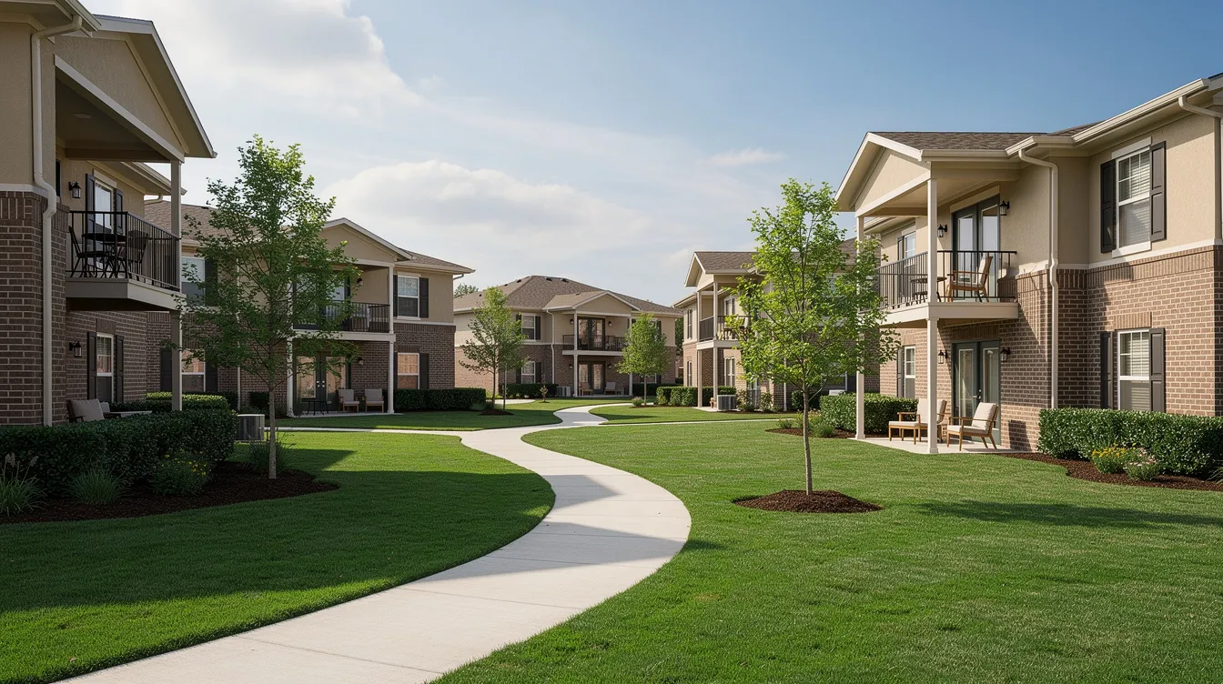 The image depicts a wide shot of a well-maintained apartment community featuring perfectly manicured lawns, trimmed hedges, and clean walkways, showcasing the results of professional lawn care and maintenance services. The vibrant green grass and neat landscaping reflect the hard work and dedication of the lawn service provider.