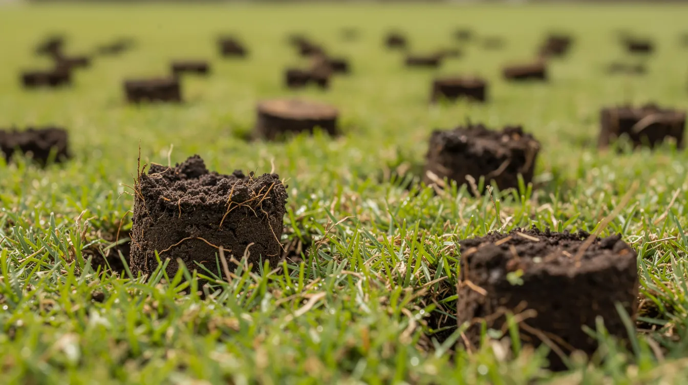 A close-up view shows soil plugs scattered across a freshly aerated green lawn, indicating recent lawn care services aimed at promoting grass growth in preparation for the fall season. This aeration helps improve nutrient absorption and moisture retention, essential for cool season grasses as temperatures drop.