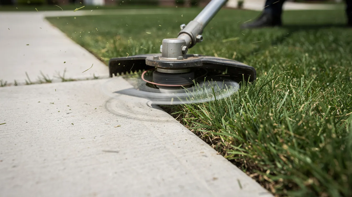 A close-up view of a string trimmer skillfully creating a clean edge along a concrete sidewalk, highlighting the contrast between the neatly trimmed grass and the hard surface. This image exemplifies professional lawn care and maintenance services, ensuring a perfectly manicured lawn for homeowners.