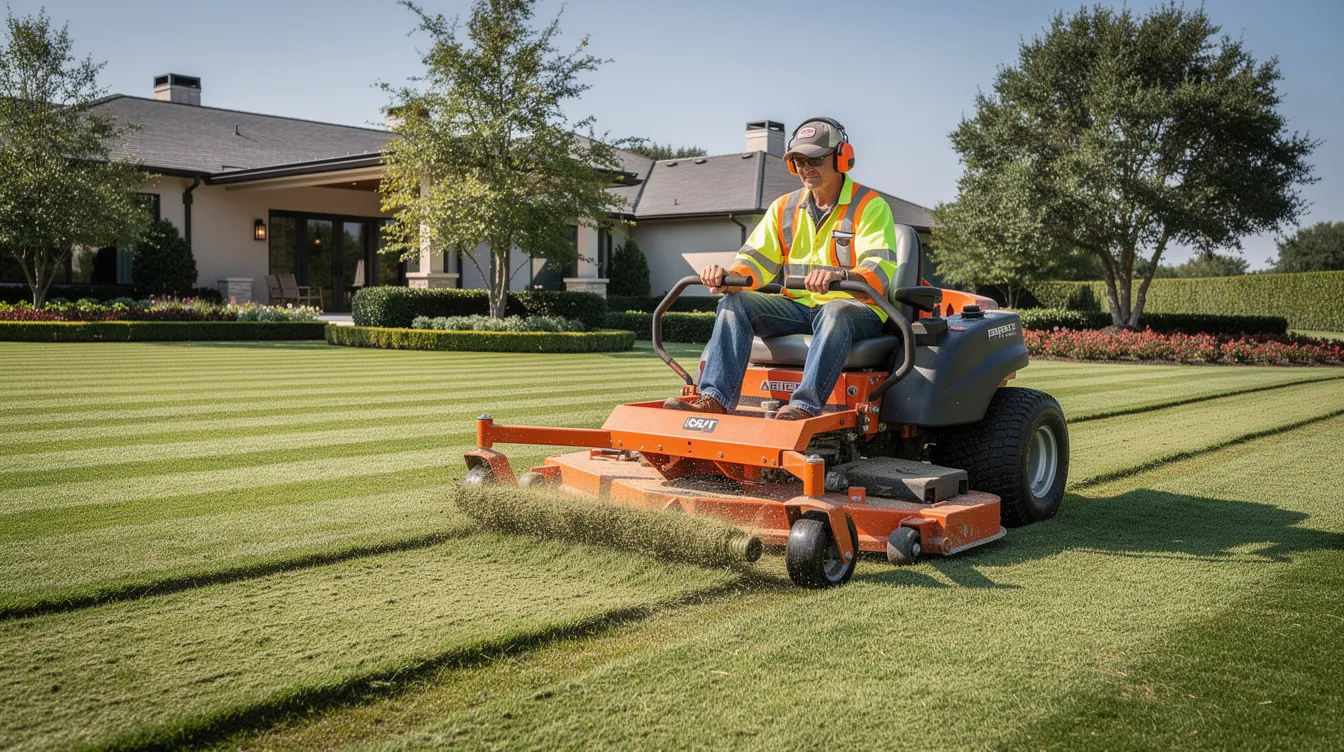 A professional landscaping crew member is operating a commercial lawn mower on a large property, ensuring a well-maintained green lawn. The mower blades are set to the appropriate height for optimal cutting of the cool season grasses, contributing to the healthy appearance of the yard.