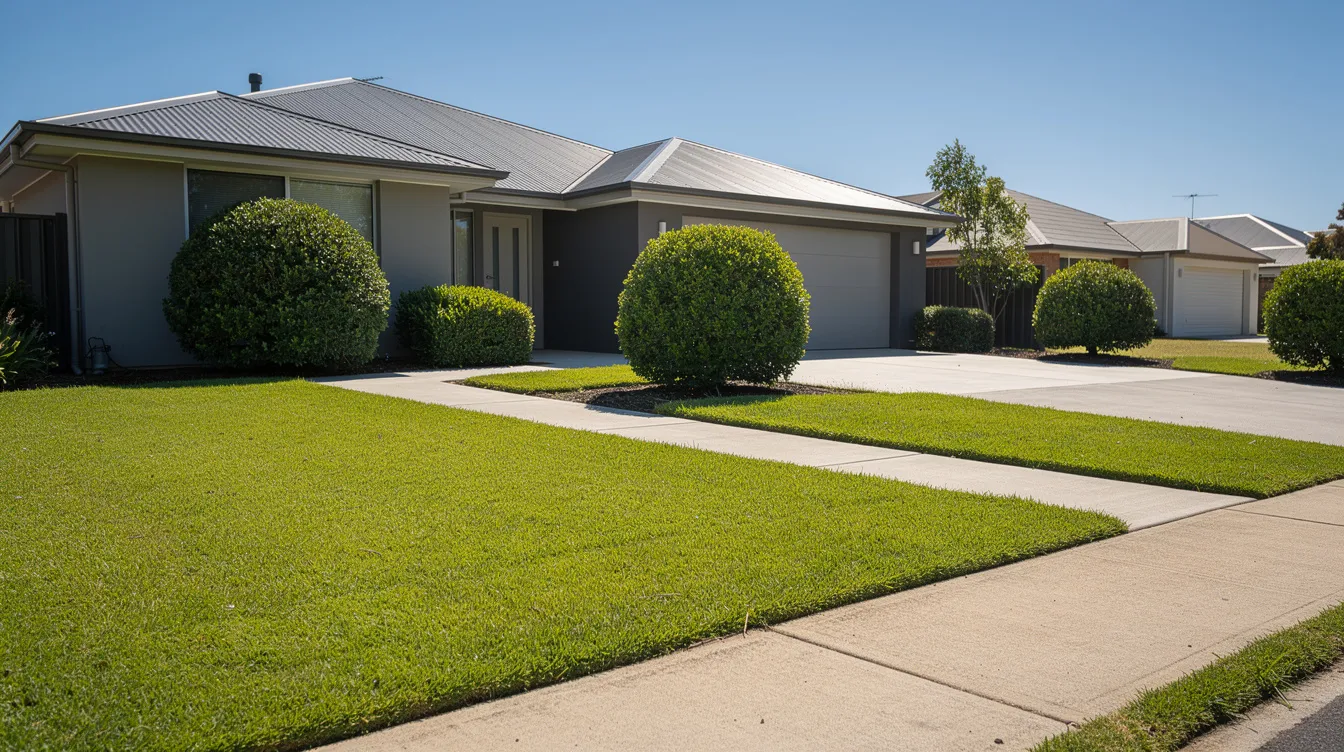 Suburban house with manicured lawn, round shrubs, and a curved driveway on a sunny day